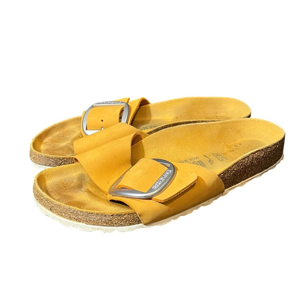 Birkenstock Madrid Big Buckle Sandals Womens 40 Apricot Nubuck Leather Slides